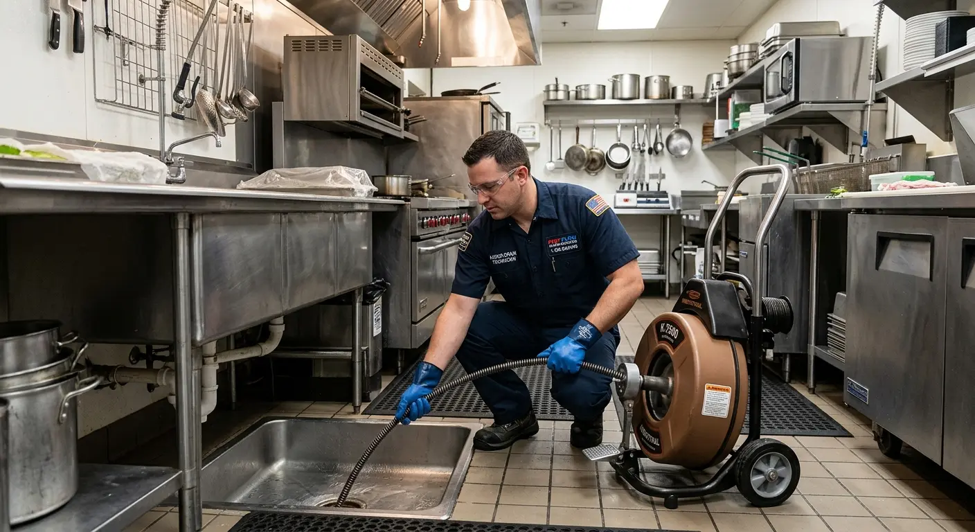 Commercial drain cleaning service in a restaurant kitchen in East Grand Forks