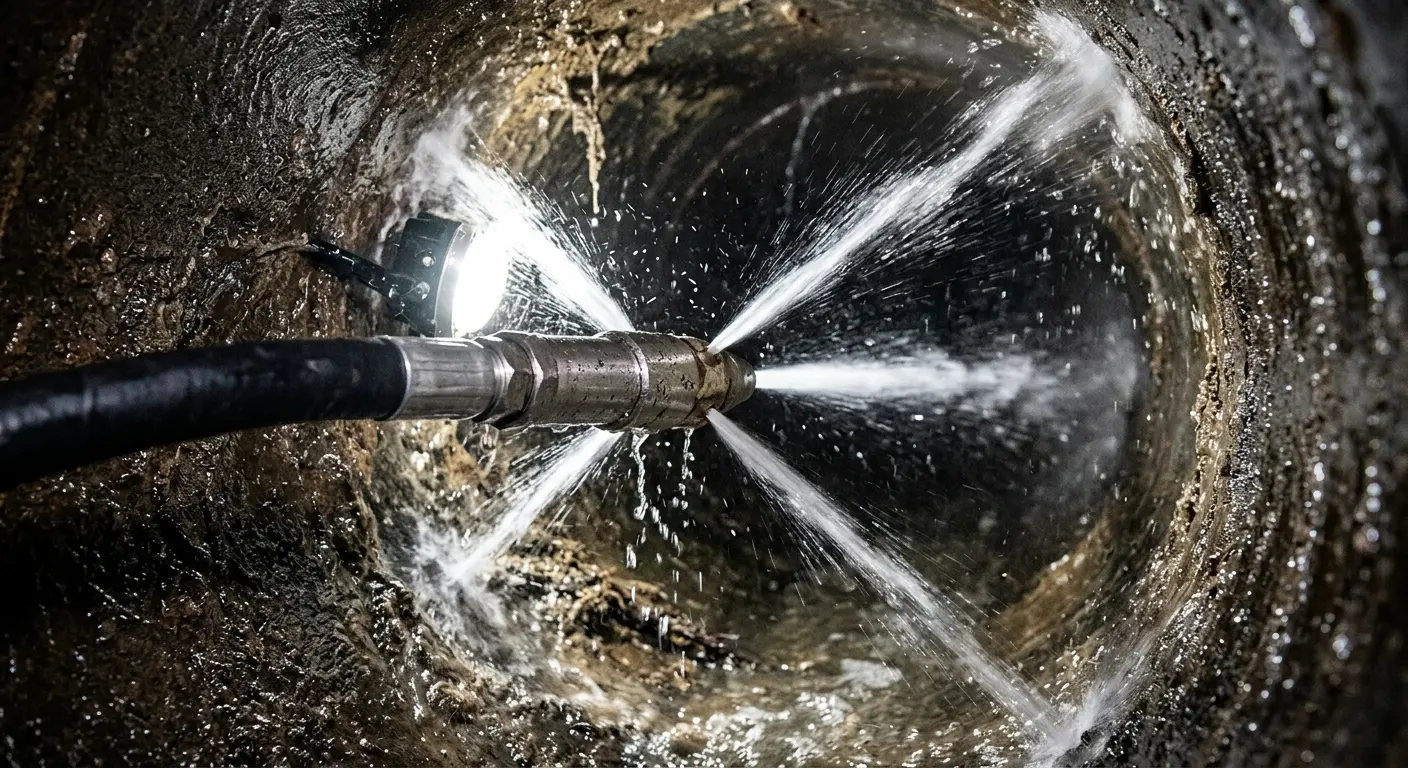 High-pressure hydro jetting nozzle cleaning sewer pipe for Sewer Cleanout in East Grand Forks