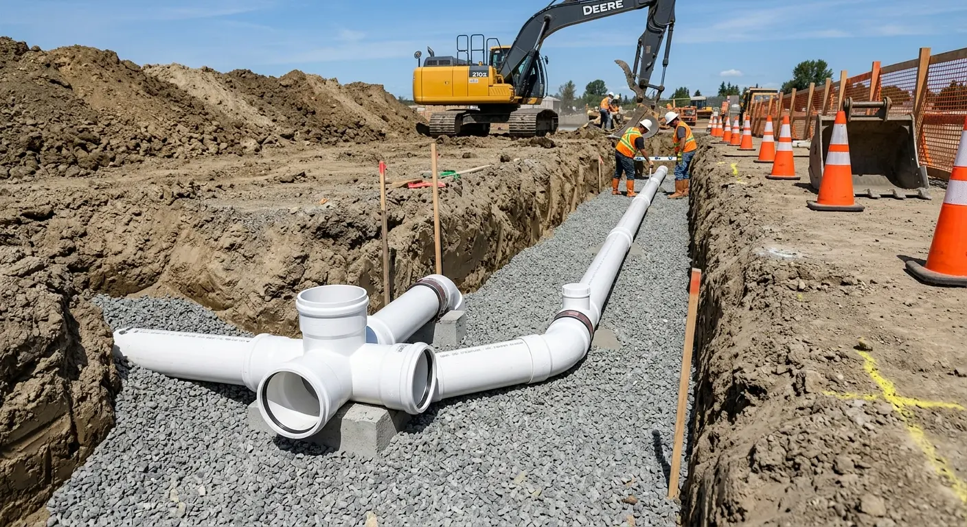 New PVC sewer pipe installation in open trench for Commercial Drain Cleaning in East Grand Forks