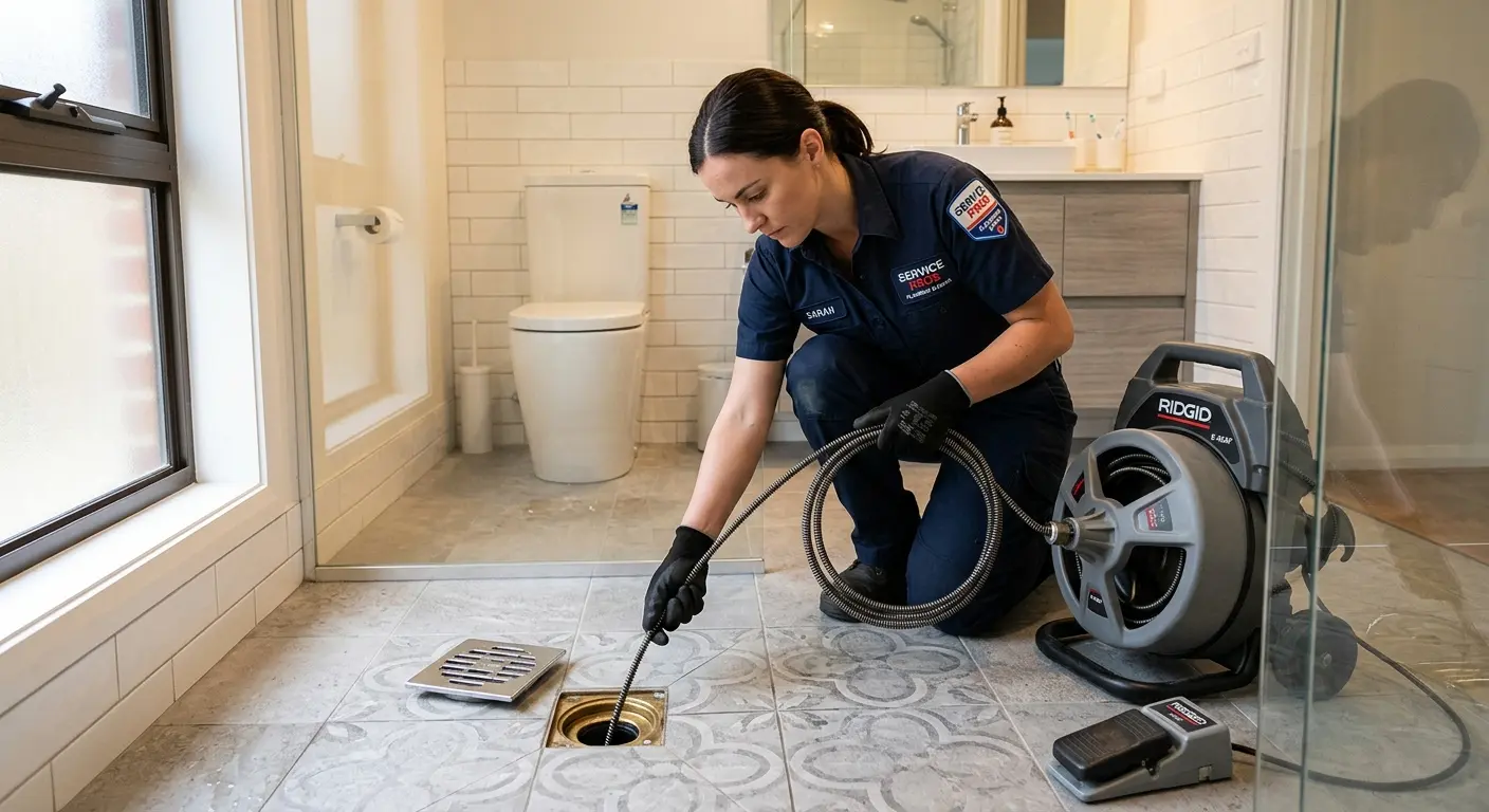 Technician clearing a bathroom floor drain for Sewer Line Replacement in East Grand Forks